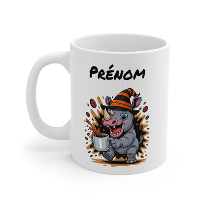 Tasse Personnalisable Rhinocéros Sorcier Café – Mug Prénom Céramique 325ml – Cadeau Drôle Halloween Animal Illustré