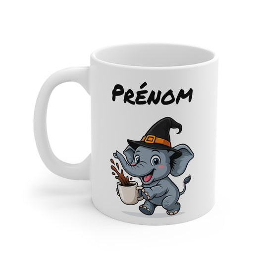 Tasse Personnalisable Éléphant Sorcier Café – Mug Prénom Céramique 325ml – Cadeau Drôle Halloween
