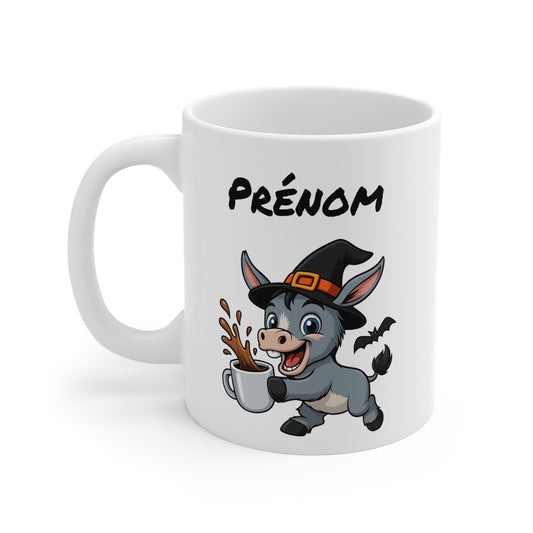Tasse Personnalisable Âne Sorcier Café – Mug Prénom Céramique 325ml – Cadeau Drôle Halloween Animal