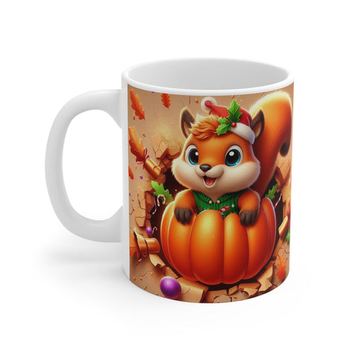 Tasse Écureuil Citrouille & Noël – Mug Pull Vert Festif – Cadeau Automne-Hiver Original 325ml