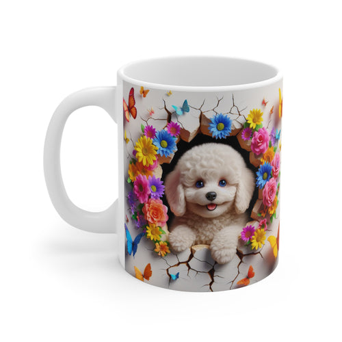 Tasse Céramique Bichon Frisé et Fleurs – Mug Chien Mignon Papillons – Cadeau Animaux Bohème 325ml